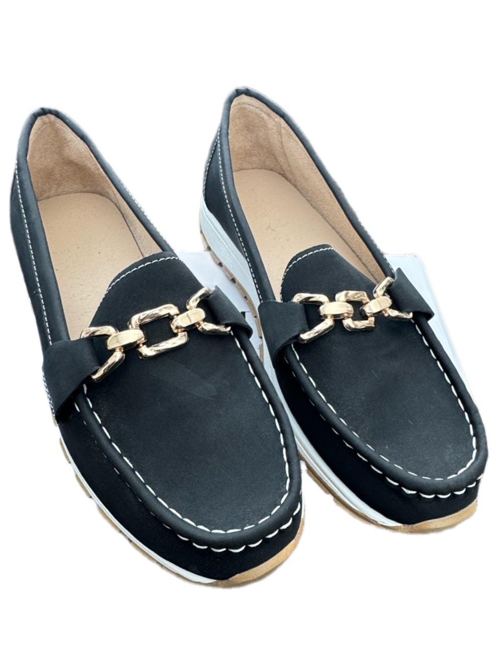 Classic Black Chain-Accent Women's Loafers
